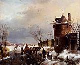 Andreas Schelfhout Figures With A Horse Sledge On The Ice, A Town In The Distance painting